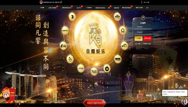The K9Win casino homepage