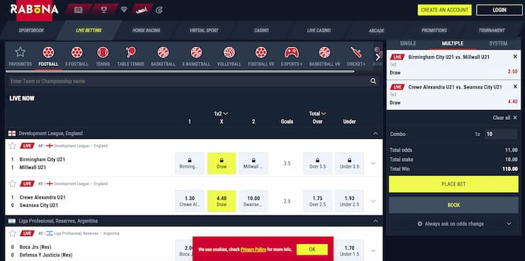 rabona betting sites Malaysia - soccer betting page screen