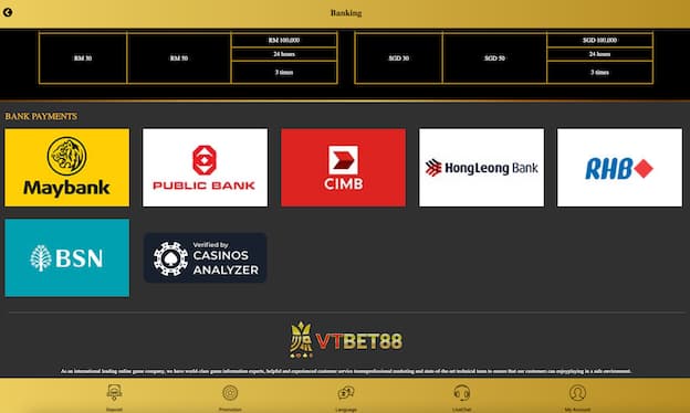 VTBet88 sports betting Malaysia review - deposit options screen