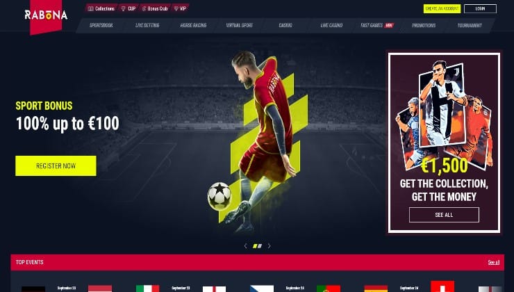 The homepage of the Rabona online sportsbook
