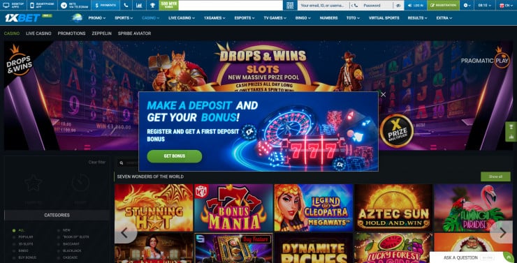 1xbet online casino Malaysia - casino page screen