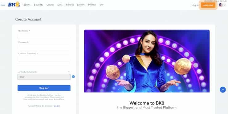 bk8 sportsbook Malaysia review - registration page screen